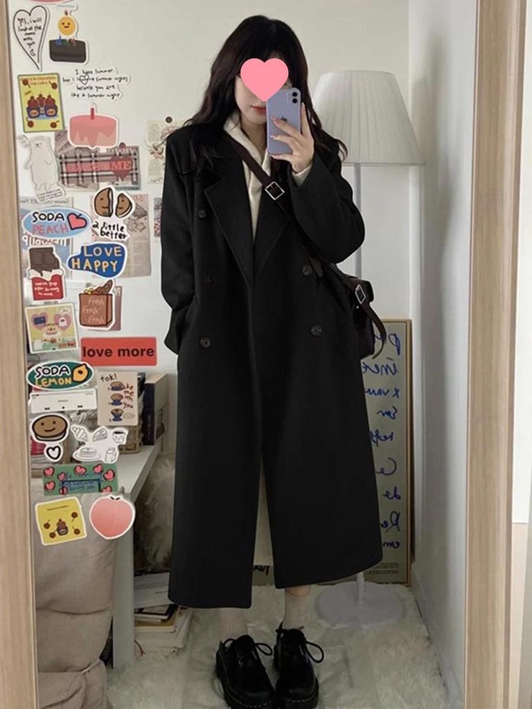 Korean Style Black Woolen Mid-Length Coat for Petite Women - 2025 Winter Edition