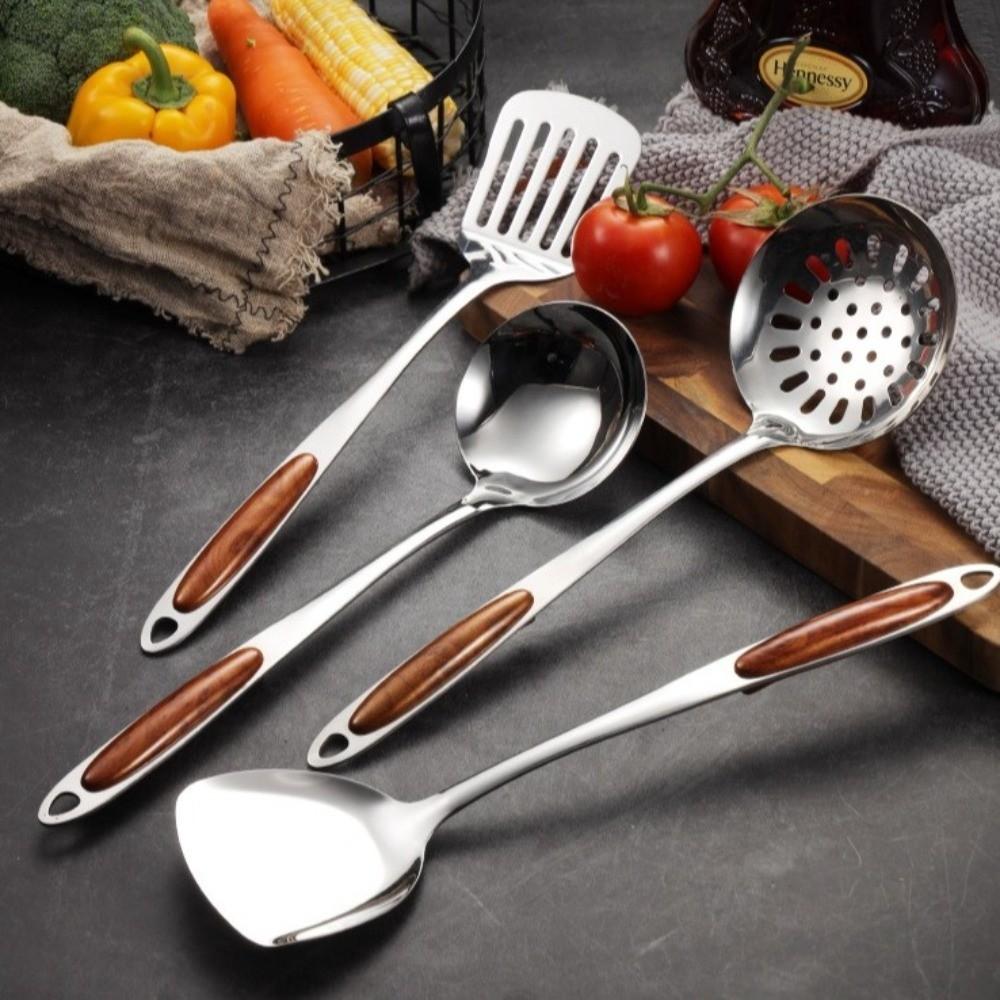 Wooden Handle Kitchen Wok Spatula Solid Spoon Slotted Spoon Stainless Steel Shovel Stainless Steel Fork Kitchenware Tools