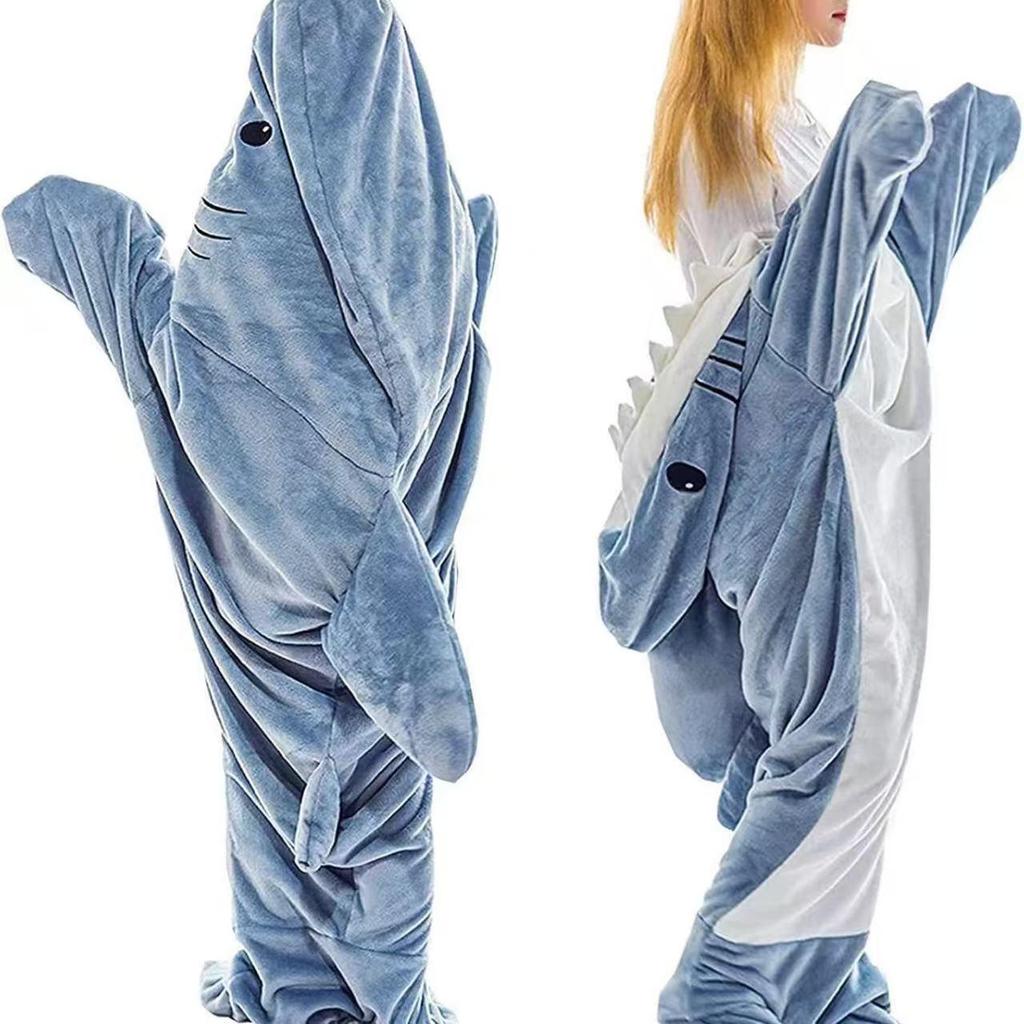 Cute Shark Flannel Pajamas with Chest Pads - Wearable Home & Office One-Piece Outfit