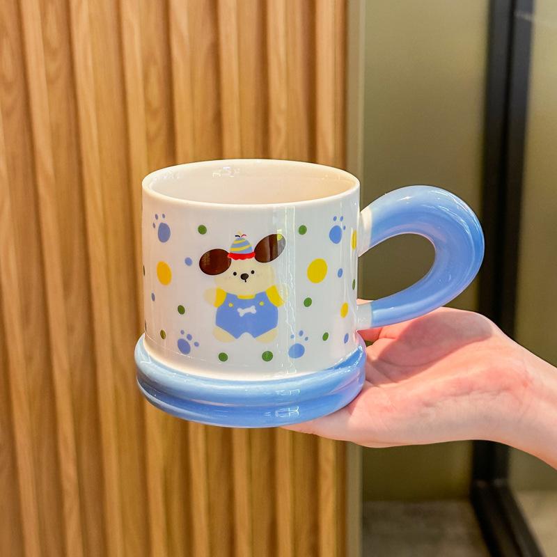 Cute and high-value puppy mug with lid spoon cartoon kitten ceramic cup for girl classmates birthday gift