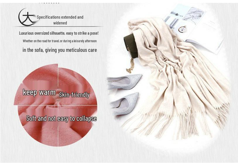 Wool and Cashmere Scarf: Gray Solid Color with Fur Trim, Warm Tassels for Autumn and Winter
