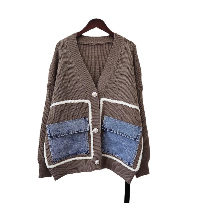 Autumn and winter new denim pocket knitted cardigan loose design temperament versatile sweater jacket women