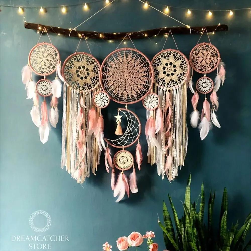 

Dream Catchers Boho Home Decor Macrame Dream Catchers Wall Hangings Moon Ramadan Baby Nordic Room Kids Nursery Ornament No wooden sticks рожевий