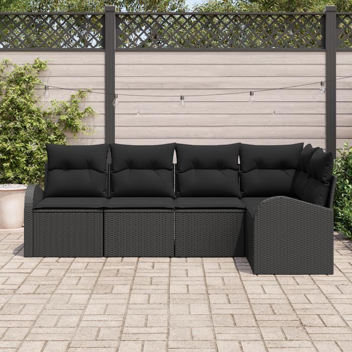 Ensemble de 5 Pièces de Canapé de Jardin avec Coussins Noir Poly Rattan, Canapé de Jardin 2 Places avec Rangement &amp; Coussins 3354712