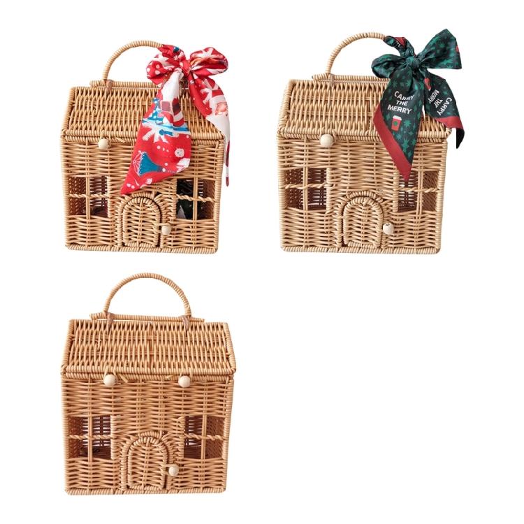 Portable Plastic Wicker Storage Box Handmade House Shaped Rattan Bag Decorative Christmas Gifts Storage Case