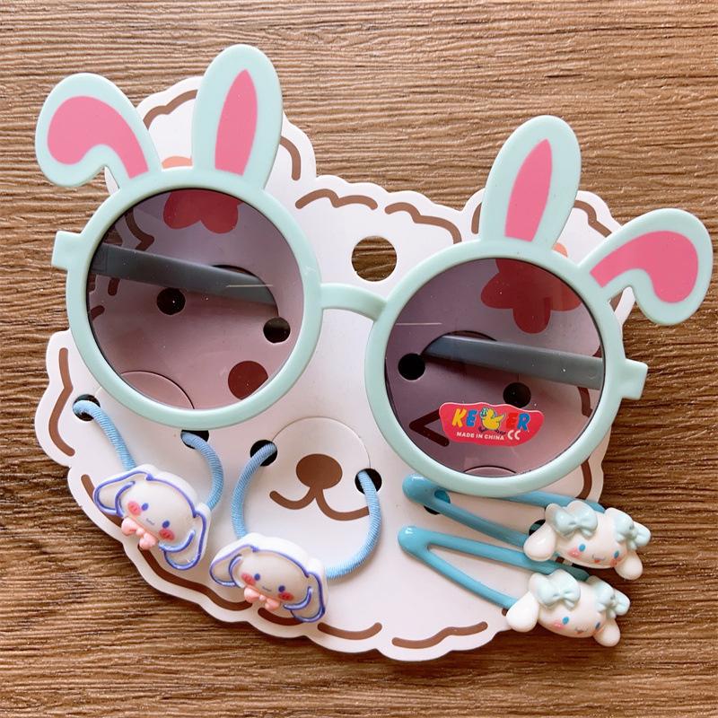 Новые детские милые летние солнцезащитные очки с кроличьими ушками для девочек, резинка для волос с героями мультфильмов, набор из 5 предметов, подарок зелёный