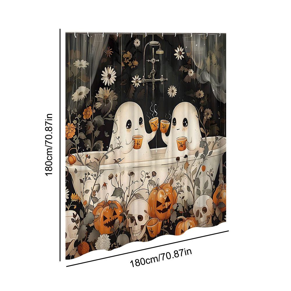 Cute Cartoon Ghost Shower Curtain Set Halloween Shower Curtain Washable Halloween Bathroom Curtain Polyester Fabric with Hooks