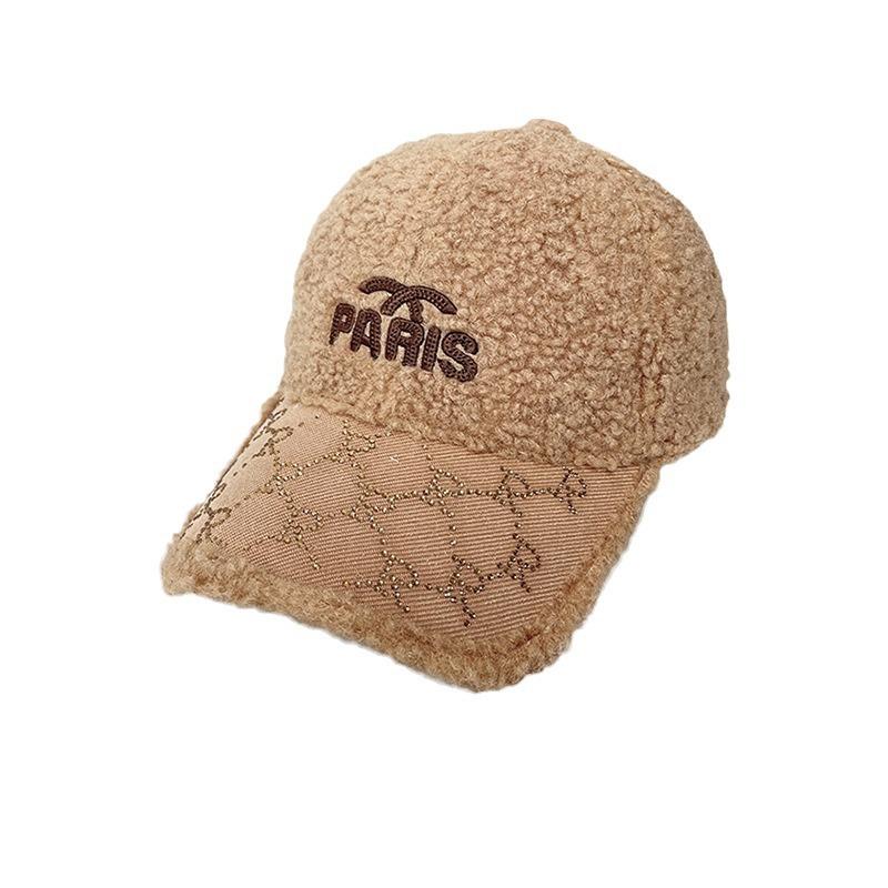 Autumn and Winter Lamb Wool Baseball Cap for Women Korean Version Versatile Letter Hot Diamond Embroidered Peaked Cap Warm Couple Hat