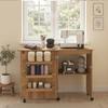 Folding Sewing Table, Drop-Leaf Front, Storage Bins, Open Shelf, Casters, Brown