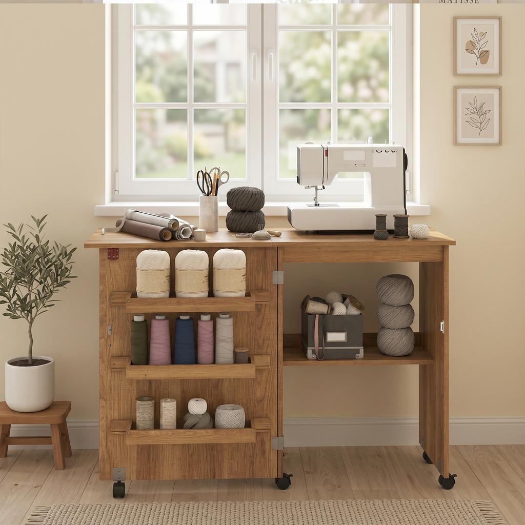 Folding Sewing Table, Drop-Leaf Front, Storage Bins, Open Shelf, Casters, Brown
