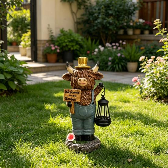 Højlands-ko Havefigur med Solcellelanterne, Velkommen til Min Have Udendørs Harpiks-ko Skulptur til Gårdhave Have Terrasse Græsplæne Dekoration