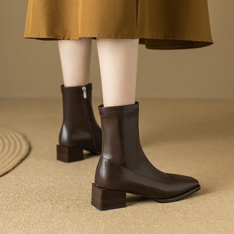 fashion Elegant Ankle Boots Women Autumn Thick Heels Square Headed Short Boots Black Brown Botas Goticas De Mujer Single Western Botas