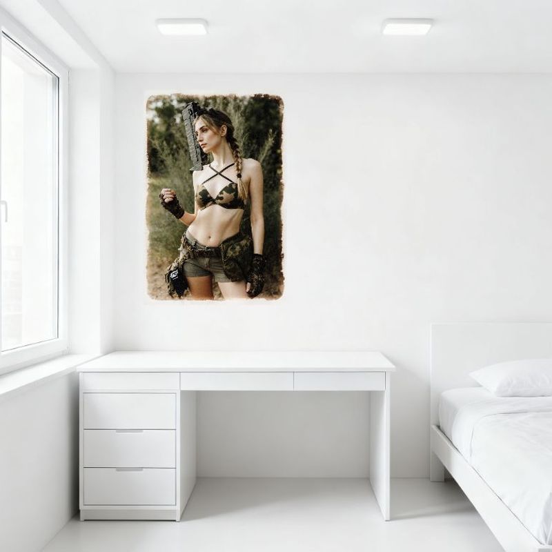 Sexy Blonde Braid Woman Vintage Outdoor Military-Inspired Camouflage Tin Sign for Bar Home Wall Decor Metal Poster 8x12 Inch