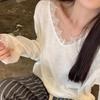 Women's Autumn V-Neck Lace Oversized Regular Shoulder T-Shirt Relaxed-Fit Long-Sleeve Base Layer Top