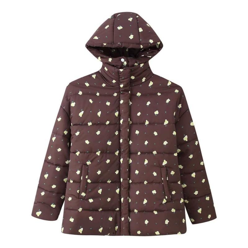ZA Womens Winter Loose Fit Floral Print Hooded Padded Coat