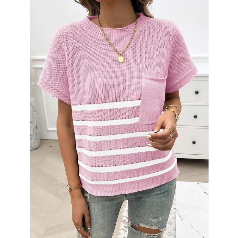 Tops Women's Elegant Round Neck Striped Contrast Short-sleeved Sweater