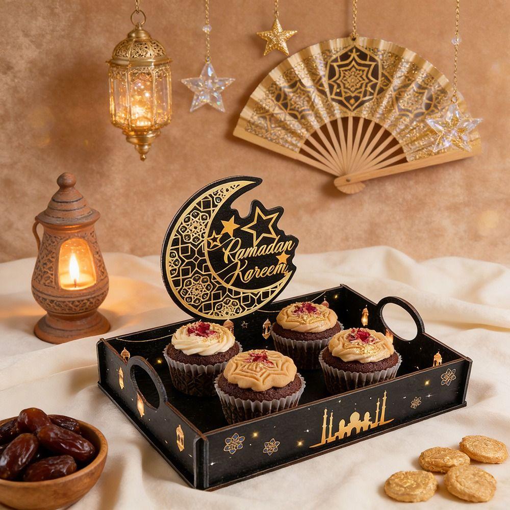 Star Moon Ramadan Wooden Tray Handmade Food Holder Fruit Tray  Eid Mubarak Celebration