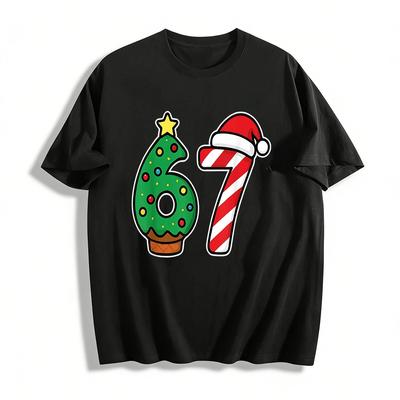 Christmas Themed Number 67 Graphic Casual Top Pure Cotton T-shirt