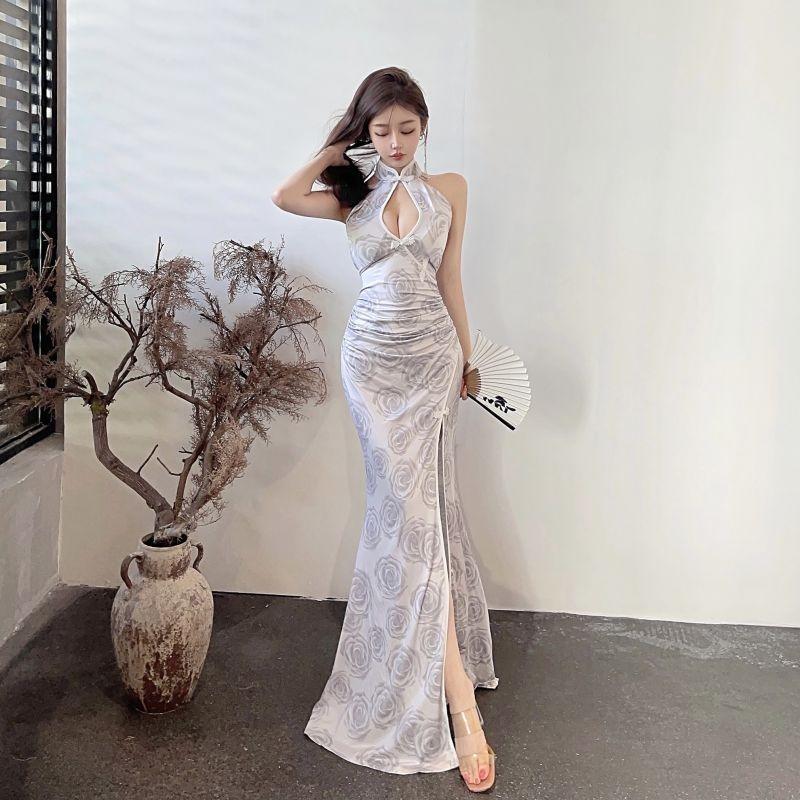 Cheongsam evening dress sexy deep neck hollow low cut sleeveless backless thin temperament lady dress