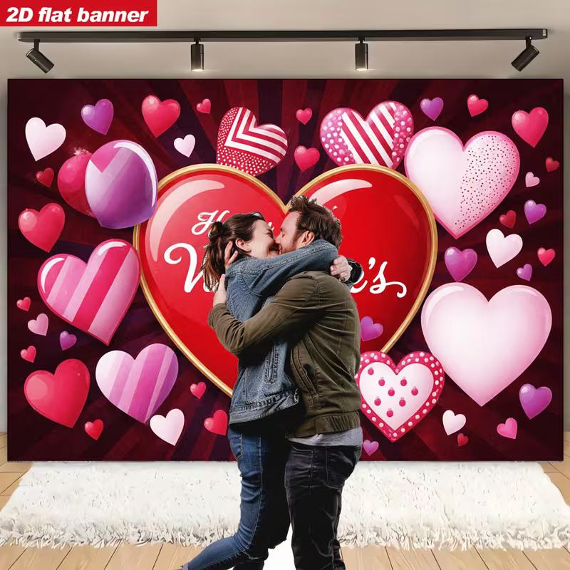 2D Valentine's Day Party Backdrop with Various Hearts and Balloons