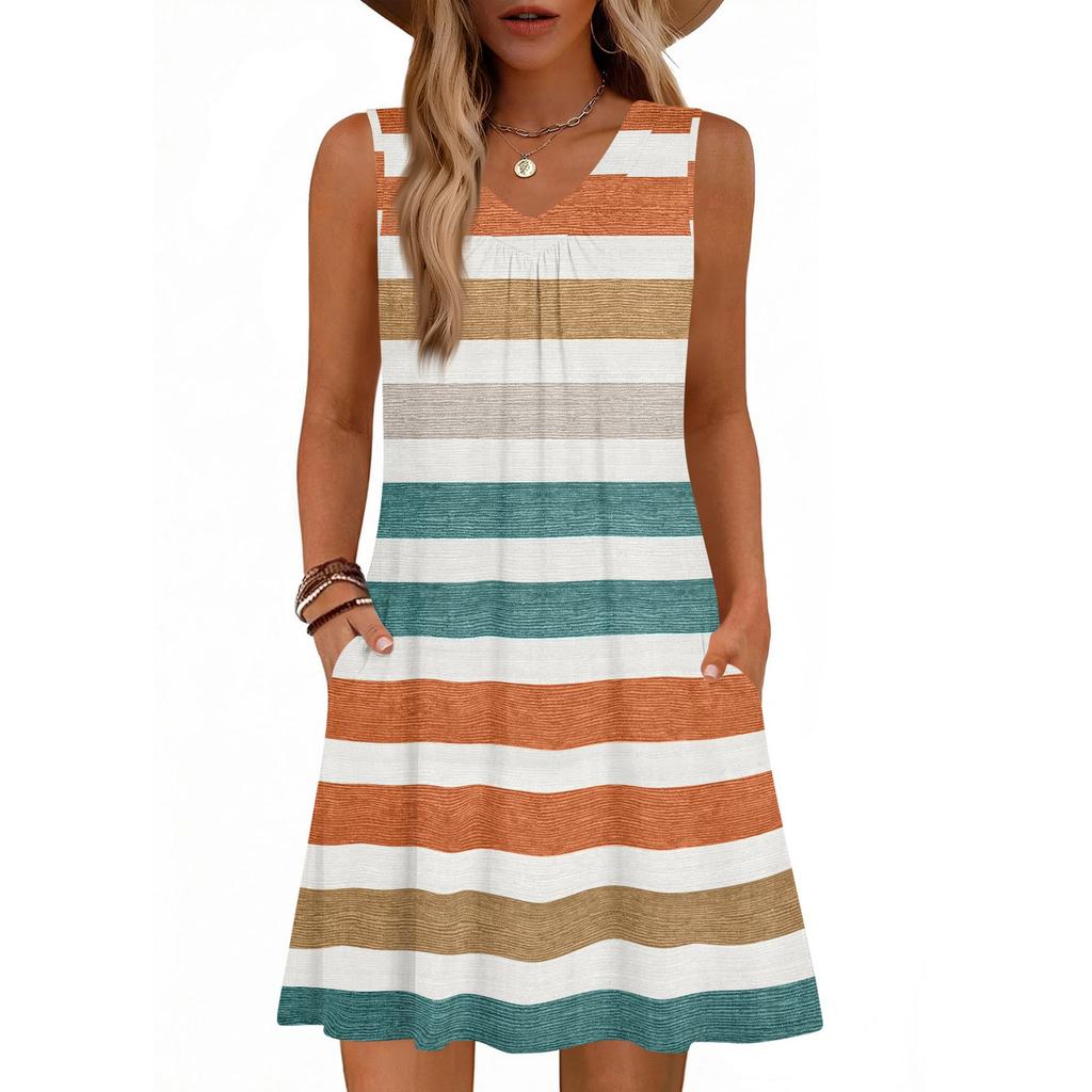 Dámské módní letní tílko bez rukávů s V-výstřihem, s kapsou, ležérní volné šaty