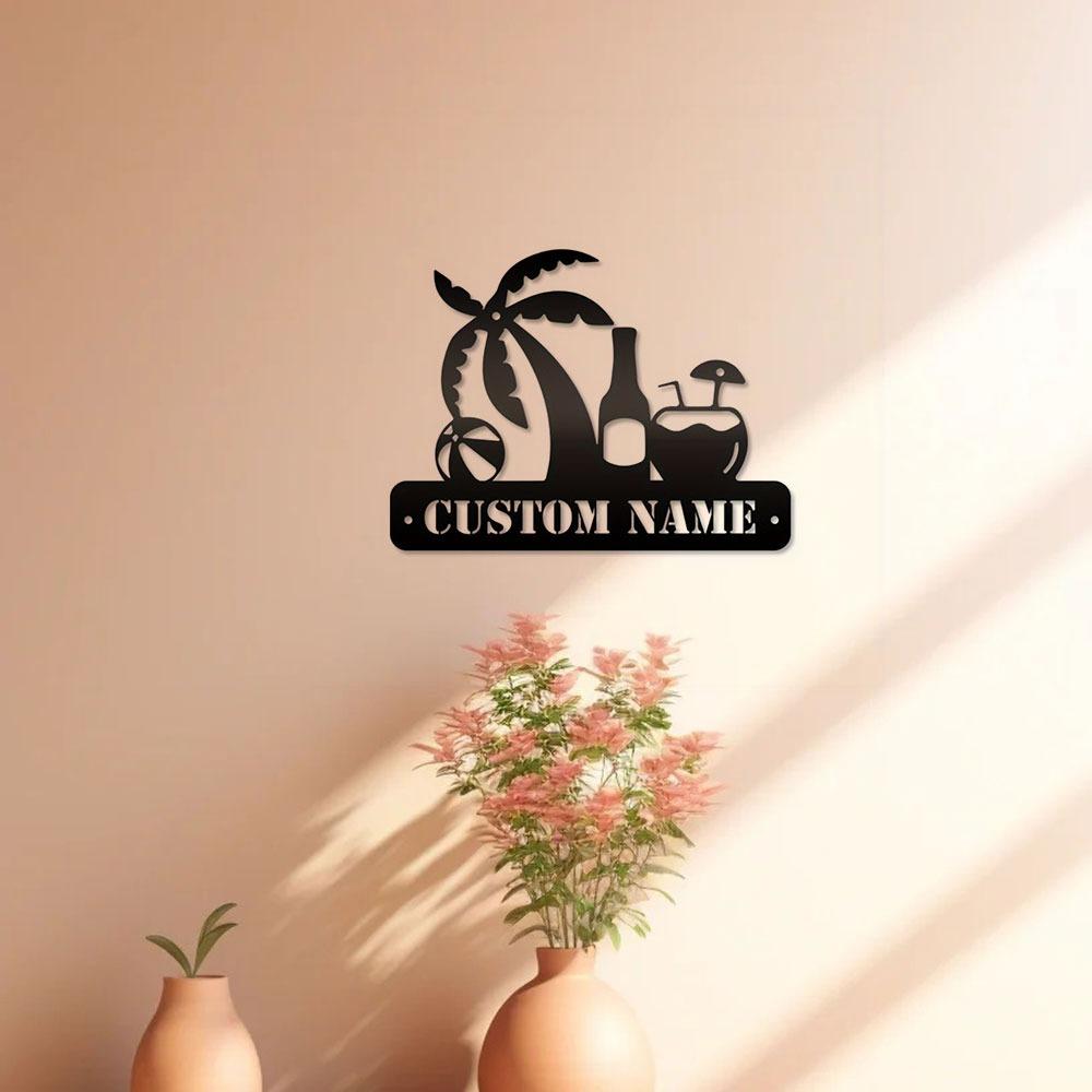 Personalized Tropical Beach Metal Sign, Custom Family Monogram Wall Decor for Poolside Patio Garden
