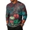 Men's Casual Halloween Printed Crew Neck Shoulder Three Quarter Sleeve Top with Button and Bat Pattern