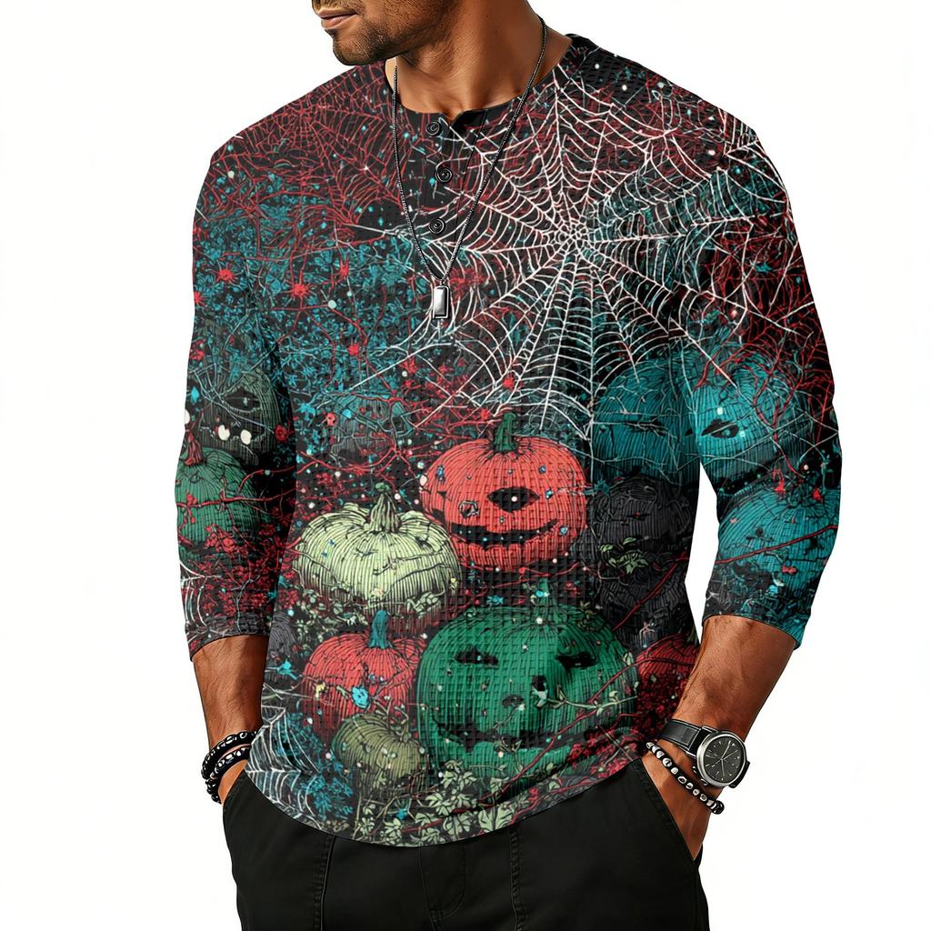 Men's Casual Halloween Printed Crew Neck Shoulder Three Quarter Sleeve Top with Button and Bat Pattern