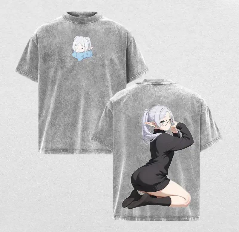 Anime Frieren Printed T-shirt For Men Clothing Harajuku Short Sleeve Pure Polyester Tee Shirt Gothic Y2k Vintage Washed Tshirts
