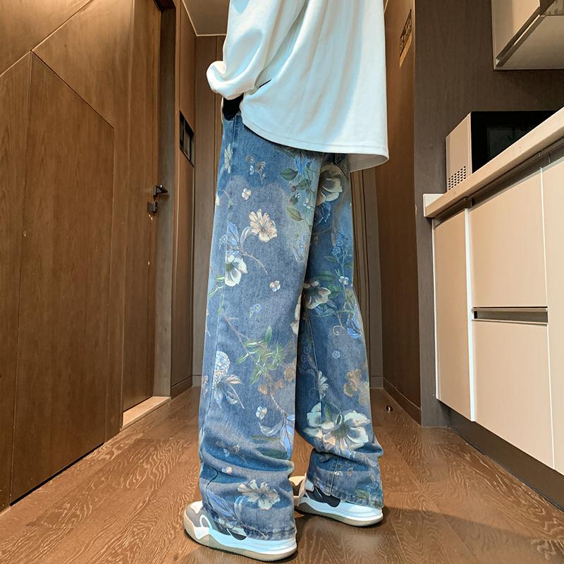 Spring Floral Printed Jeans for Men Vintage Trousers Hip Hop Wide-leg Baggy Jean Pants Floor Length Wide Leg Pants