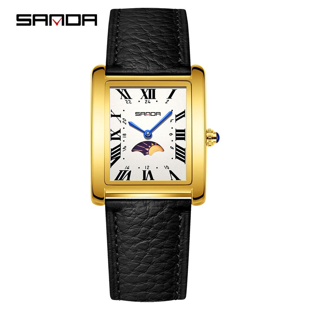 Sanda Women's Retro Quartz Waterproof Watch with Roman Numerals, Moon Phase, and Light Luxury Design - Square Model 9122.