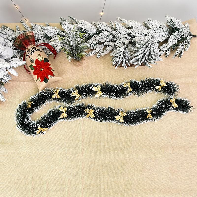 Christmas Tree Garland with Green Bow, White Tip Decoration, Festive Tinsel Ribbon for Xmas Tree Decor, Holiday Party Streamers