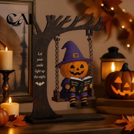 Halloween Celebration Accessories Funny Swing Ornament, Witch/Skeleton/Mummy/Pumpkin Ghost Sitting on Reusable Theme Props Reading Book Figurine