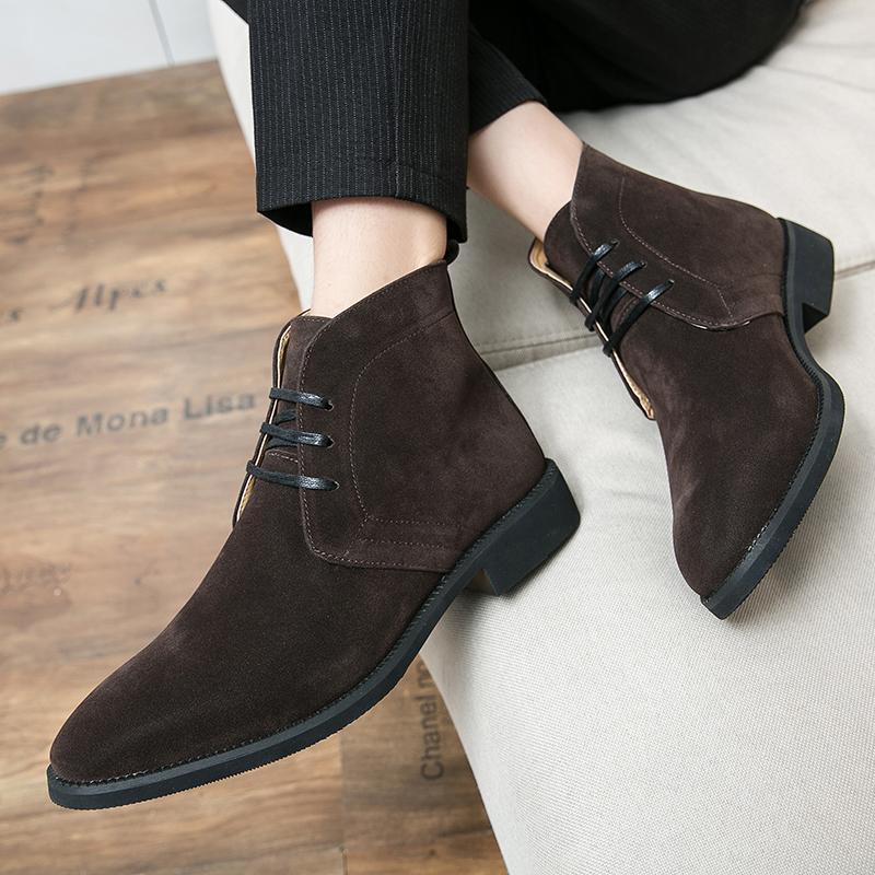 

Winter leather boots men s British heightening matte suede men s boots pointed high-top casual leather shoes men s short boots 48 темно-коричневого кольору