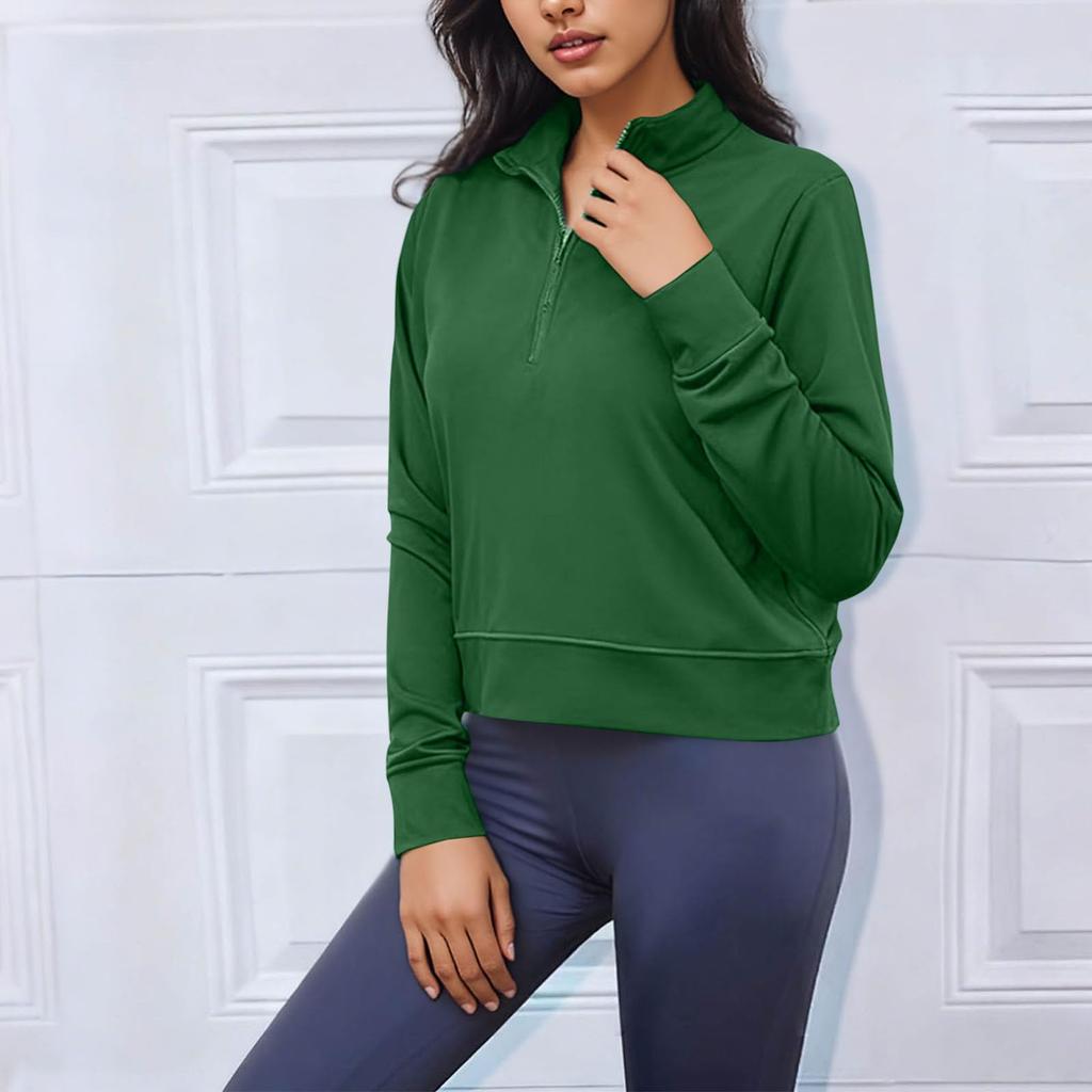 Women's Quarter Zip Pullover Sweatshirt Loose Fit Casual Solid Color Long Sleeve Sweatshirt with Ribbed Cuffs and Hem