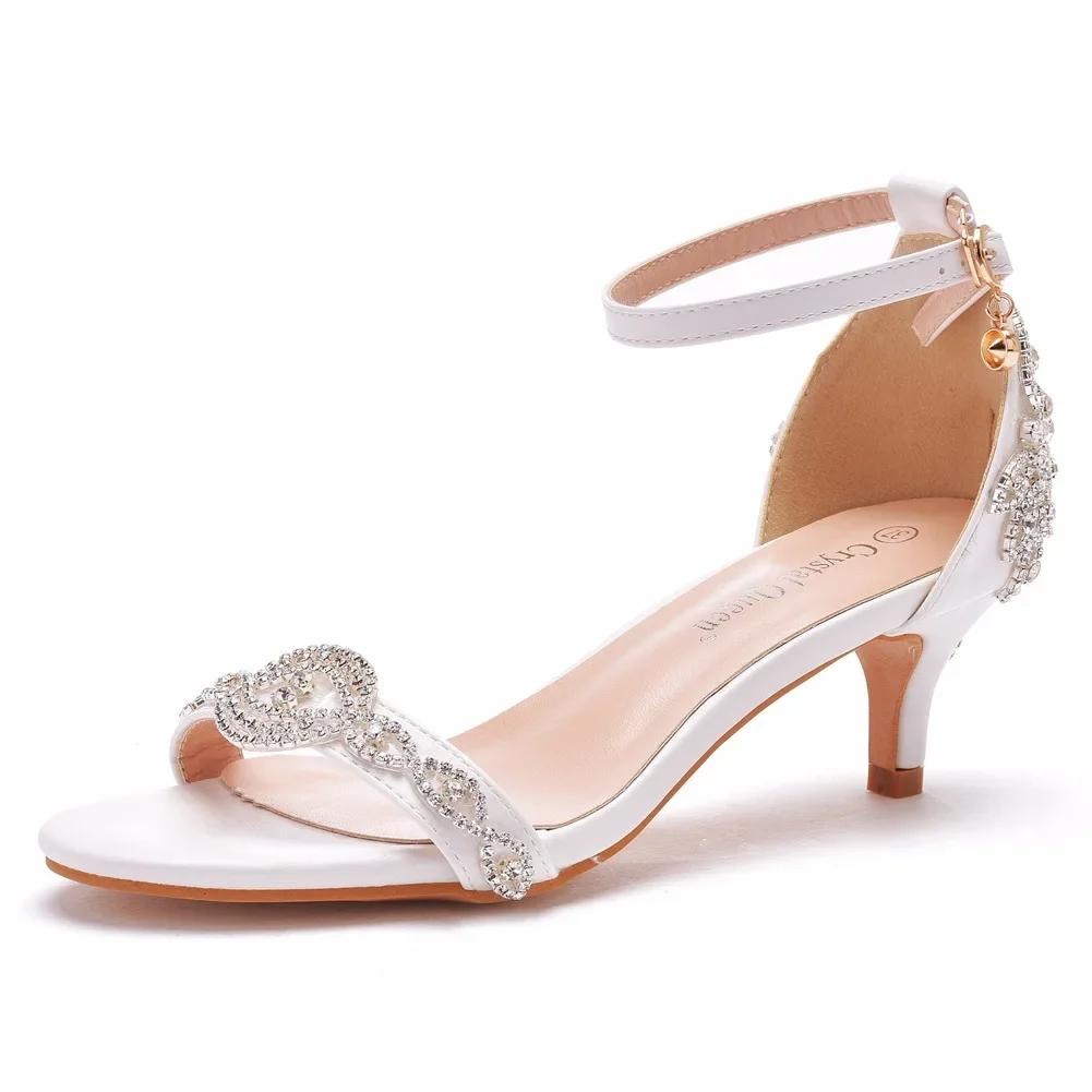 

Pumps Women Heeled Sandals Summer Rhinestone Buckle Strap PU 5CM Thin Heels Dance Female Korean Style Women Shoes White 38