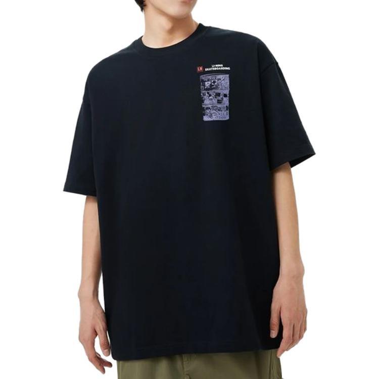 Li Ning T Shirts Unisex Black Crew Neck Moderate Straight Fit AHST071-1