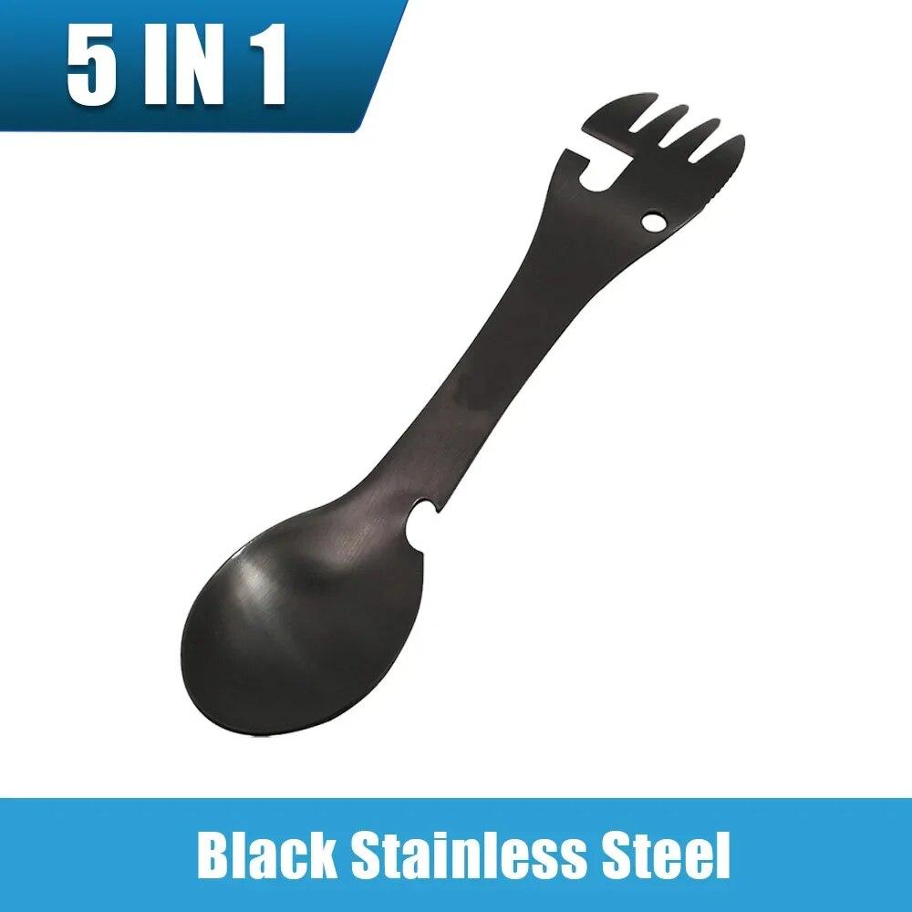 

Вилка для кемпинга, ложка из нержавеющей стали 10 в 1, встроенные столовые приборы, многофункциональный инструмент, открывашка для консервных банок, нож для бутылок, портативная посуда для пикника на открытом воздухе