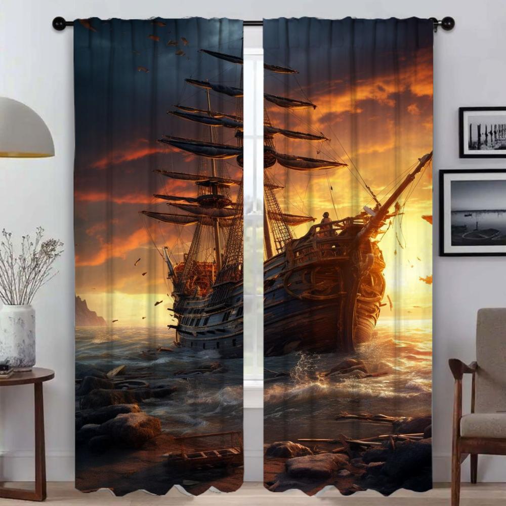 Window Curtain Room Panel Ship Illustration Partition Curtains Halloween Decoration Home Interior Shades Light Blocking Made Of Polyester