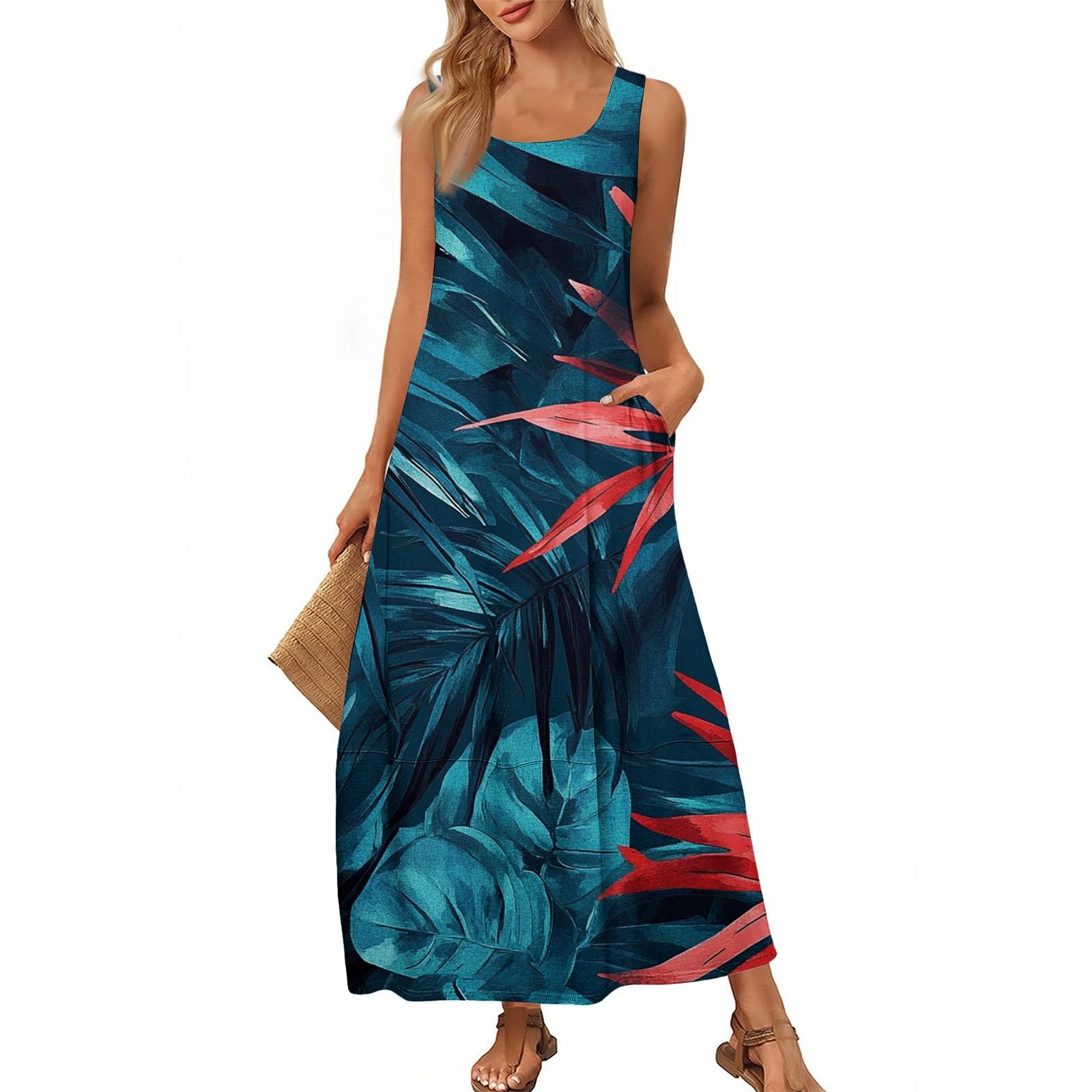 

Женский повседневный длинный сарафан, летнее пляжное платье, круглый вырез, без рукавов, свободный сарафан XXL синий