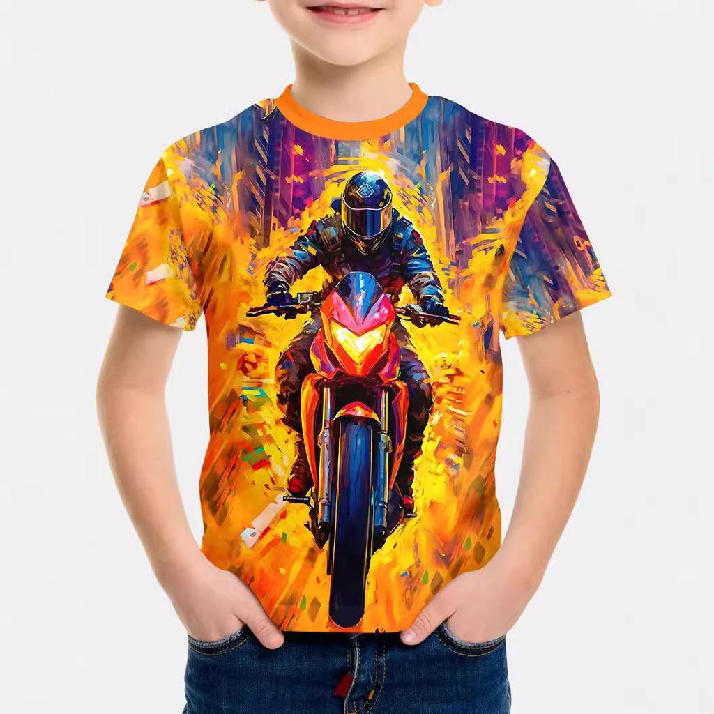 Summer Round Neck 3D Cool Motorcycle Printed Top Fashionable Casual Short Sleeved Children's Boy T-shirts