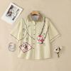 ZANZEA Women Casual Turn Down Collar Loose Short Sleeve Funny Print Stripe Blouse