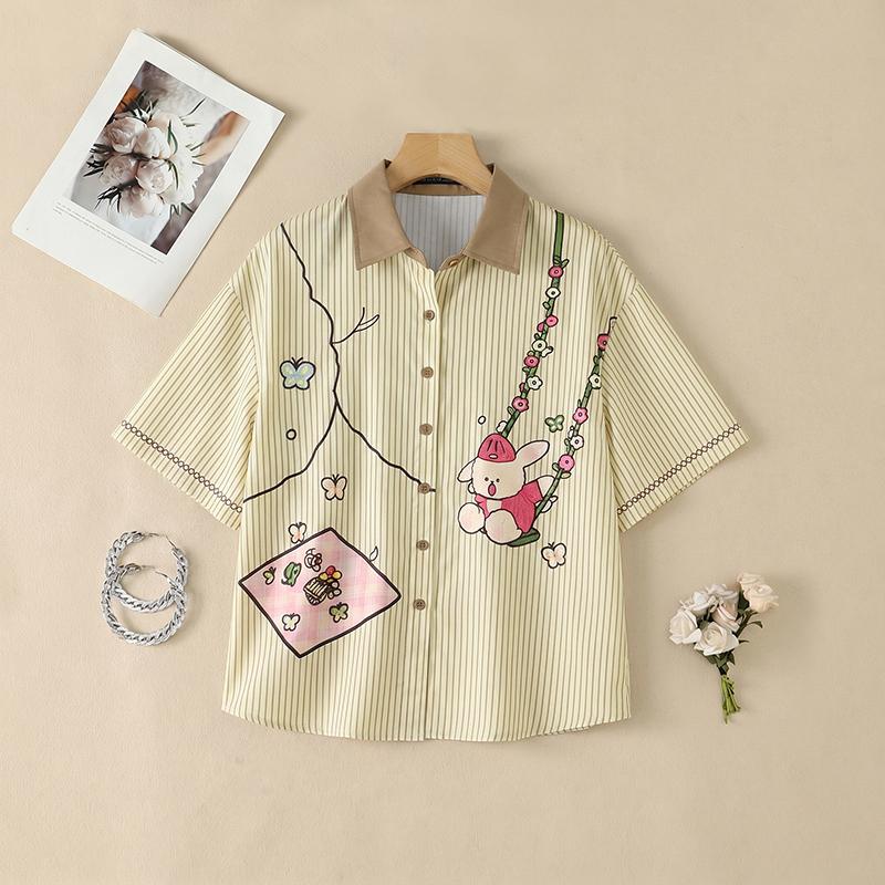 ZANZEA Women Casual Turn Down Collar Loose Short Sleeve Funny Print Stripe Blouse