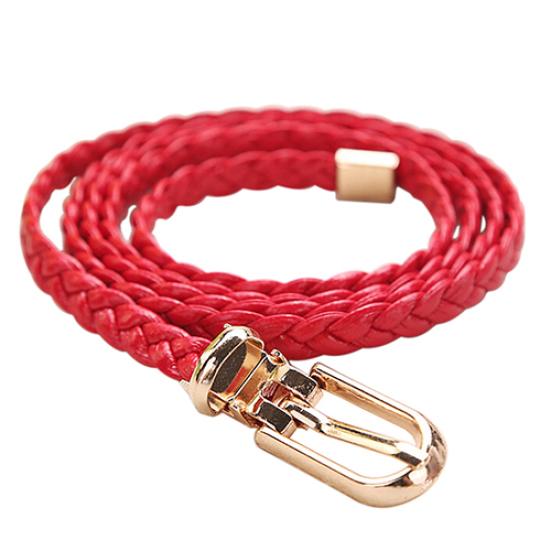 Women Braided PU Leather Narrow Thin Buckle Strap Waist Belt All-Match Waistband
