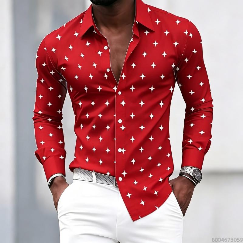 Men's Collared Long-sleeved Shirt, Classic Black Base with White Star Print, Slim Fit, Suitable for Commuting and Going Out.