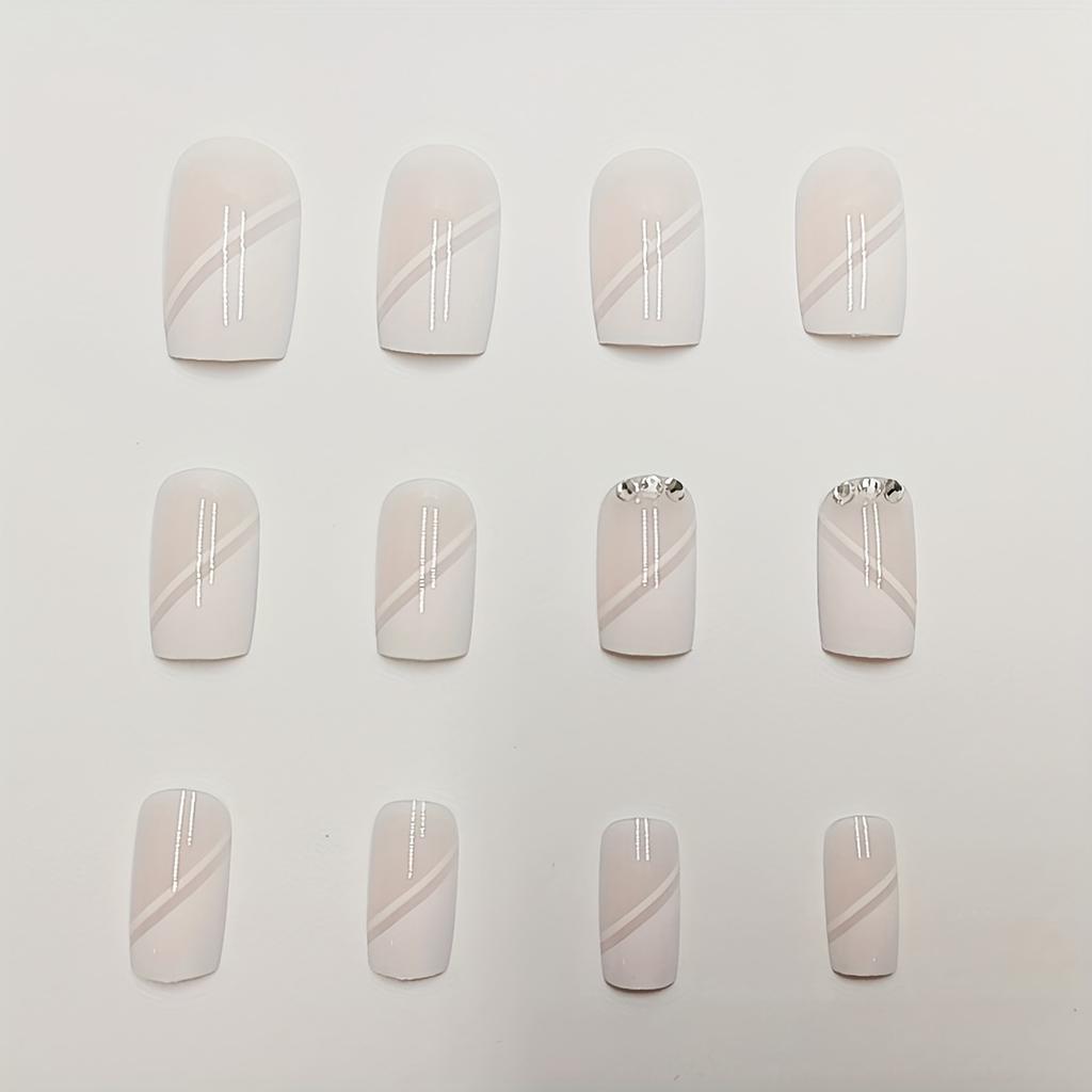 24pcs Glamorous White Square Press-On Nails Kit with Sparkling Rhinestones  Jelly Glue  Nail File - Medium Length French Tip False Nails Set for Women
