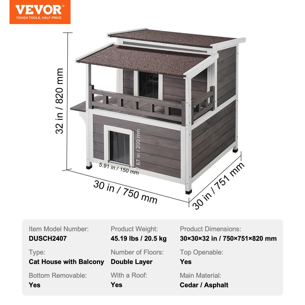 VEVOR Outdoor Cat House Weatherproof, Feral Cat Shelter for Multiple Cats, 2-story Large Outdoor Wooden Cat House with Balcony, Doors
