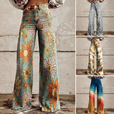 Women Casual Trousers Colorful 3D Floral Printing Flared Leg High Waist Plus Size