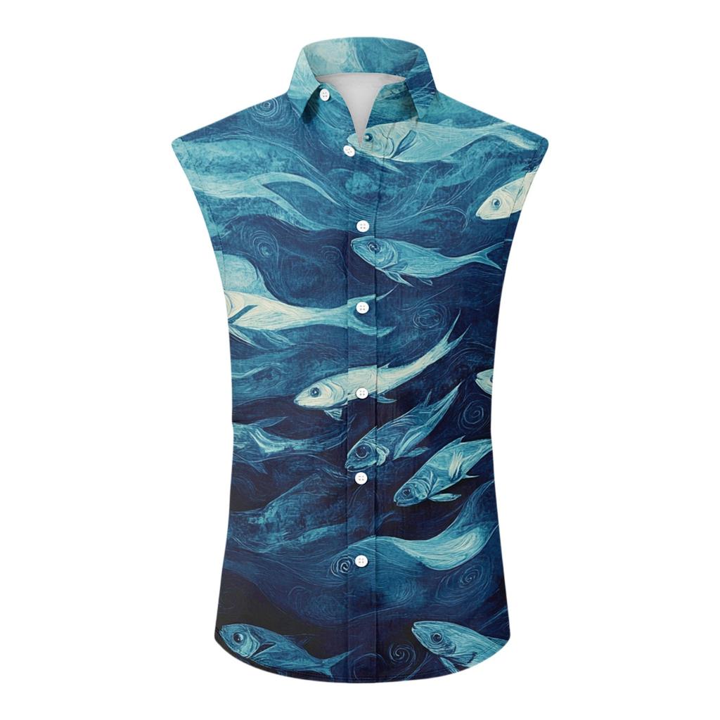 Men's Fashion Printed Sleeveless Lapel Button-Down Shirt Vest Top
