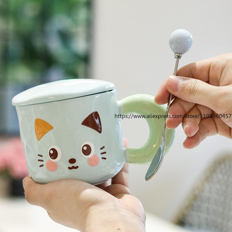 Cute Kitten Mug with Lid, Ceramic Water Cup, Cartoon Birthday Gift, High-value Appearance, Meaningful Present